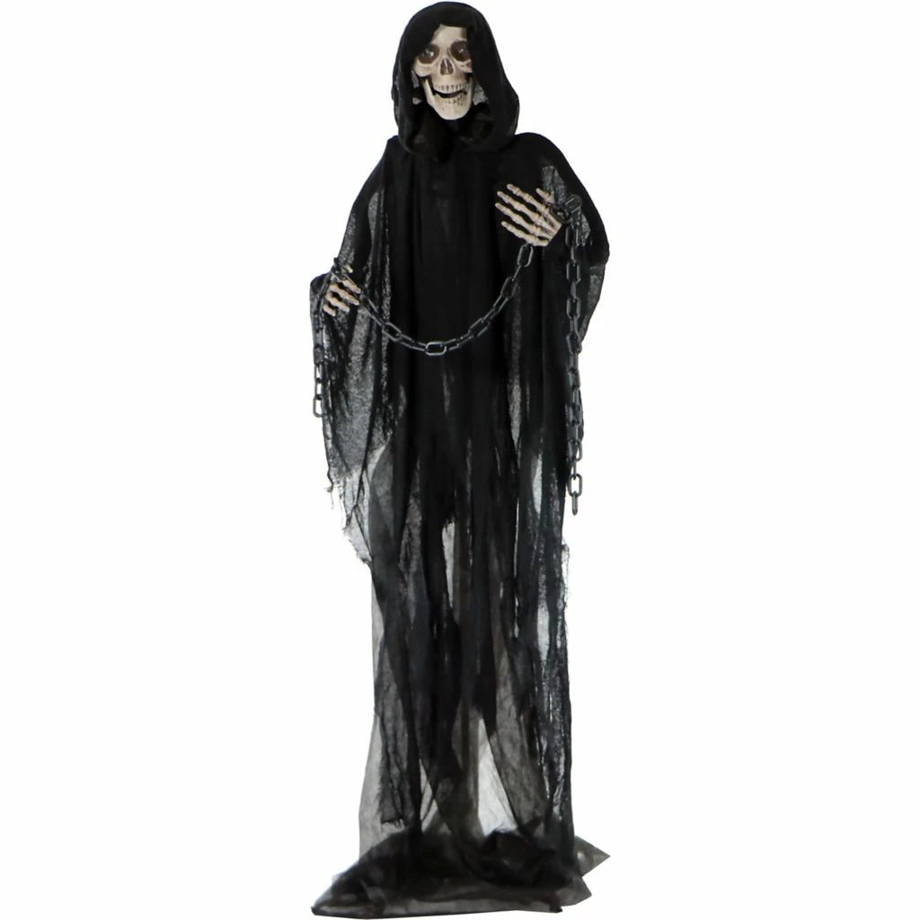 Haunted Hill Farm Life-Size Grim Reaper Prop with Chain and Rotating Head, Indoor/Outdoor Halloween Decor, Shackles 1 Haunted Hill Farm Life-Size Grim Reaper Prop with Chain and Rotating Head, Indoor/Outdoor Halloween Decor, Shackles