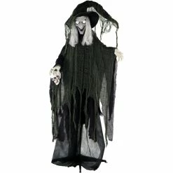 Haunted Hill Farm Life-Size Talking Witch Prop with Skull & Rotating Body, Indoor/Outdoor Halloween Decor