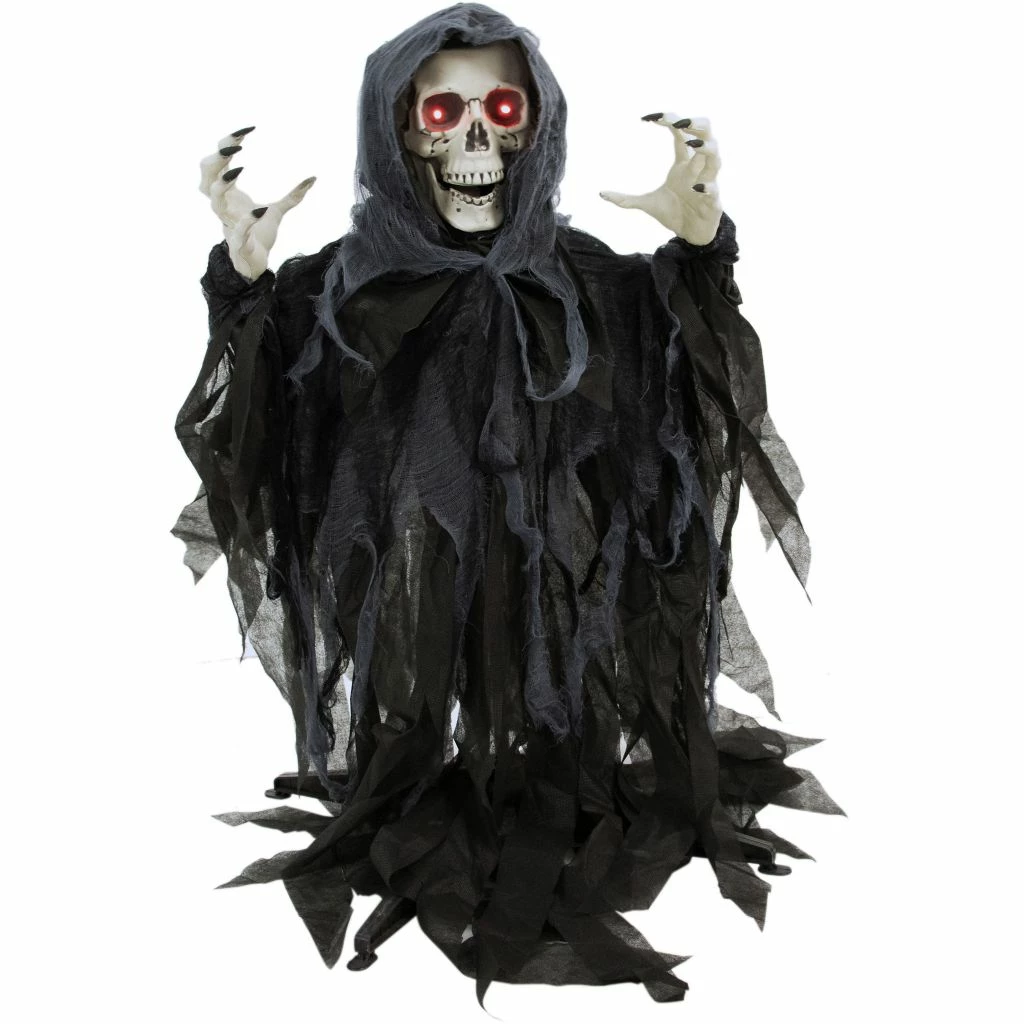 Haunted Hill Farm 46 in. Animatronic Reaper Skeleton, Indoor/Outdoor Halloween Decor, Flashing Red Eyes, Poseable 1 Haunted Hill Farm 46 in. Animatronic Reaper Skeleton, Indoor/Outdoor Halloween Decor, Flashing Red Eyes, Poseable