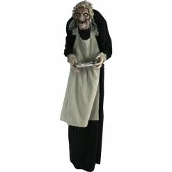Haunted Hill Farm Life-Size Animatronic Zombie Maid, Indoor/Outdoor Halloween Decor, Flashing Red Eyes, Moving