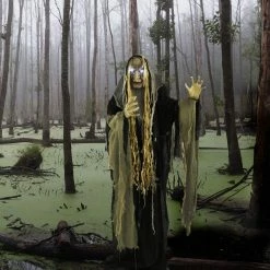 New! Haunted Hill Farm Life-Size Indoor/Outdoor Animatronic Witch Halloween Decoration, Light-Up White Eyes