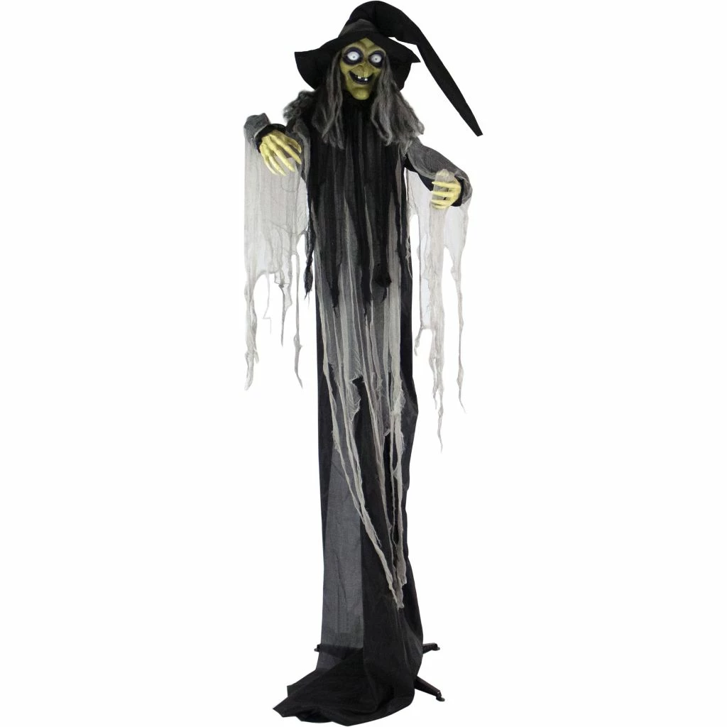 Haunted Hill Farm Life-Size Animatronic Witch, Indoor/Outdoor Halloween Decoration, Light-Up White Eyes, HHWITCH-16FLSA 1 Haunted Hill Farm Life-Size Animatronic Witch, Indoor/Outdoor Halloween Decoration, Light-Up White Eyes, HHWITCH-16FLSA