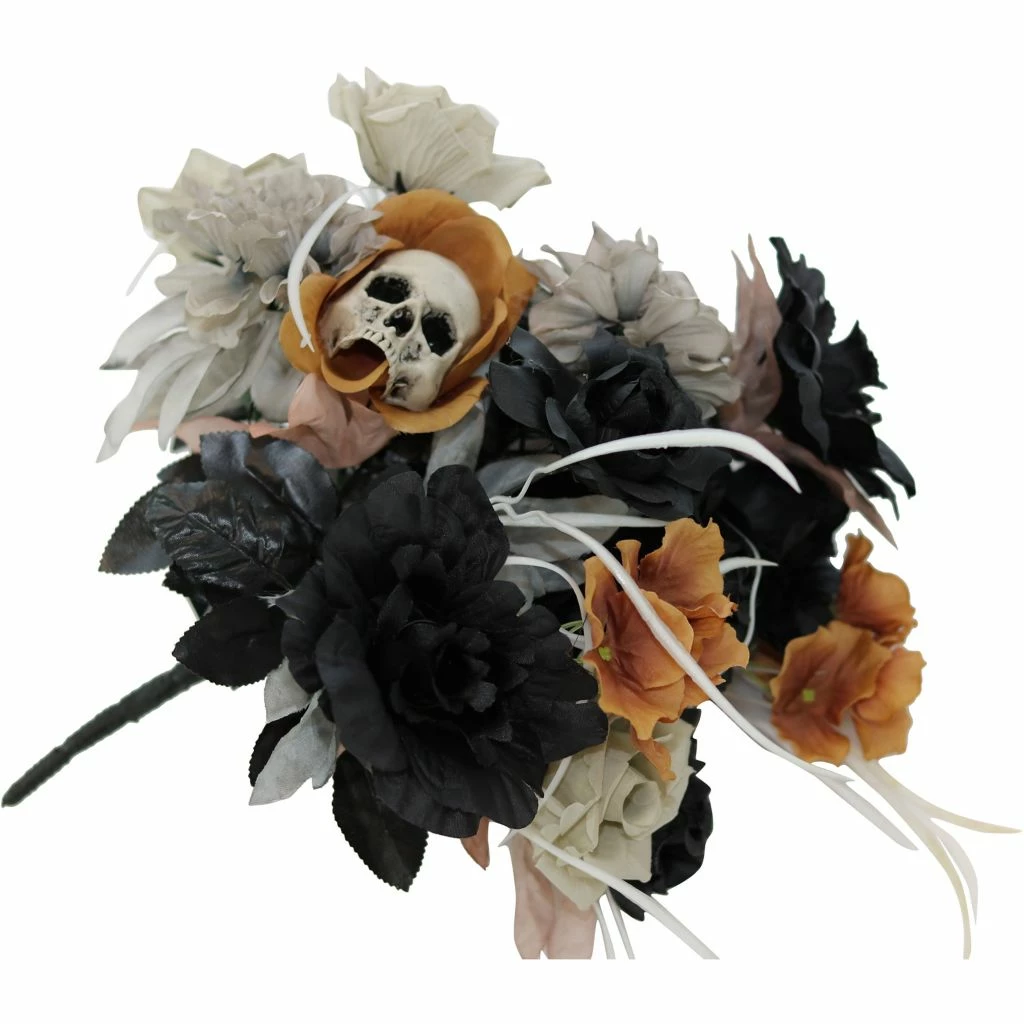 Haunted Hill Farm 15 in. Halloween Bouquet Decoration Piece, with Black and Off-White Flowers and Skull, HHBOQSKL-2 1 Haunted Hill Farm 15 in. Halloween Bouquet Decoration Piece, with Black and Off-White Flowers and Skull, HHBOQSKL-2