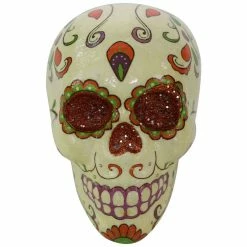Haunted Hill Farm 5.5 in. Off-White Sugar-Skull Inspired Day of The Dead Skull, Orange, Purple, and Green Accents, HHDODSKL-1S