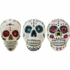 Haunted Hill Farm 5.5 in. Off-White Sugar-Skull Inspired Day of The Dead Decorative Skulls, 3 pk.
