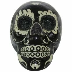 Haunted Hill Farm 5.5 in. Black Sugar-Skull Inspired Day of The Dead Decorative Skull, White Accents, Silver, HHDODSKL-7S