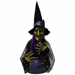 Haunted Hill Farm 1.4 ft. Animated Witch, Indoor/Outdoor Halloween Decoration, Red/Green LED, Cat, HHDWTC-1LSA