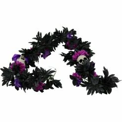 Haunted Hill Farm 6 ft. Gothic Skull Garland, with Pink and Purple Flowers, Halloween Decoration, HHGARSKL-1