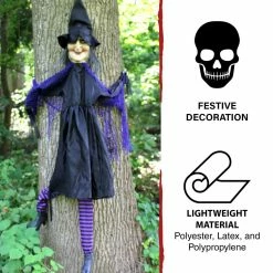 Haunted Hill Farm 4.58 ft. Hanging Witch, Black and Purple Stockings, Indoor/Outdoor Halloween Decoration, HHTTWTC-2